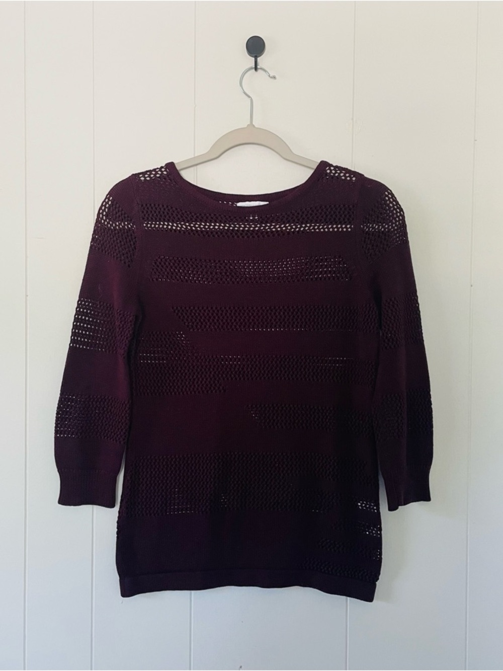 New York & Company Open-Knit Crewneck Sweater - Plum